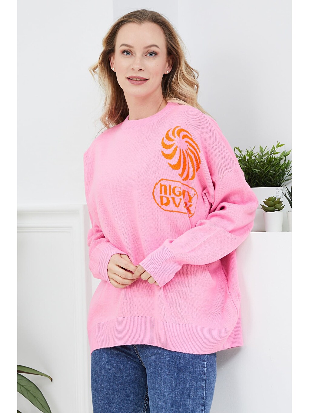 Pembe Night Dusk Baskılı Bisiklet Yaka Triko Kazak
