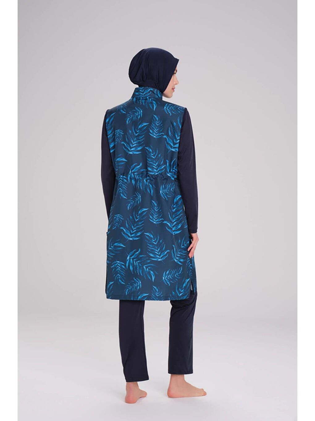Nehar Yaprak Desenli Lacivert Jileli 3 Parça Tam Tesettür Mayo Takımı 2271-3
