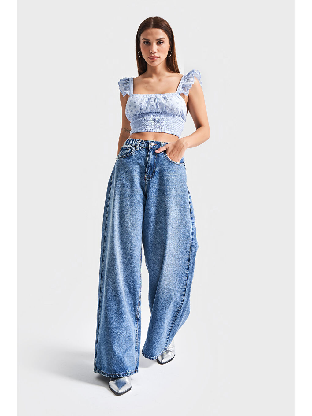 Kadın Mavi Renk 2S5 4 Palazzo Fit Beli Lastliki  100 Pamuk Denim Jean-4