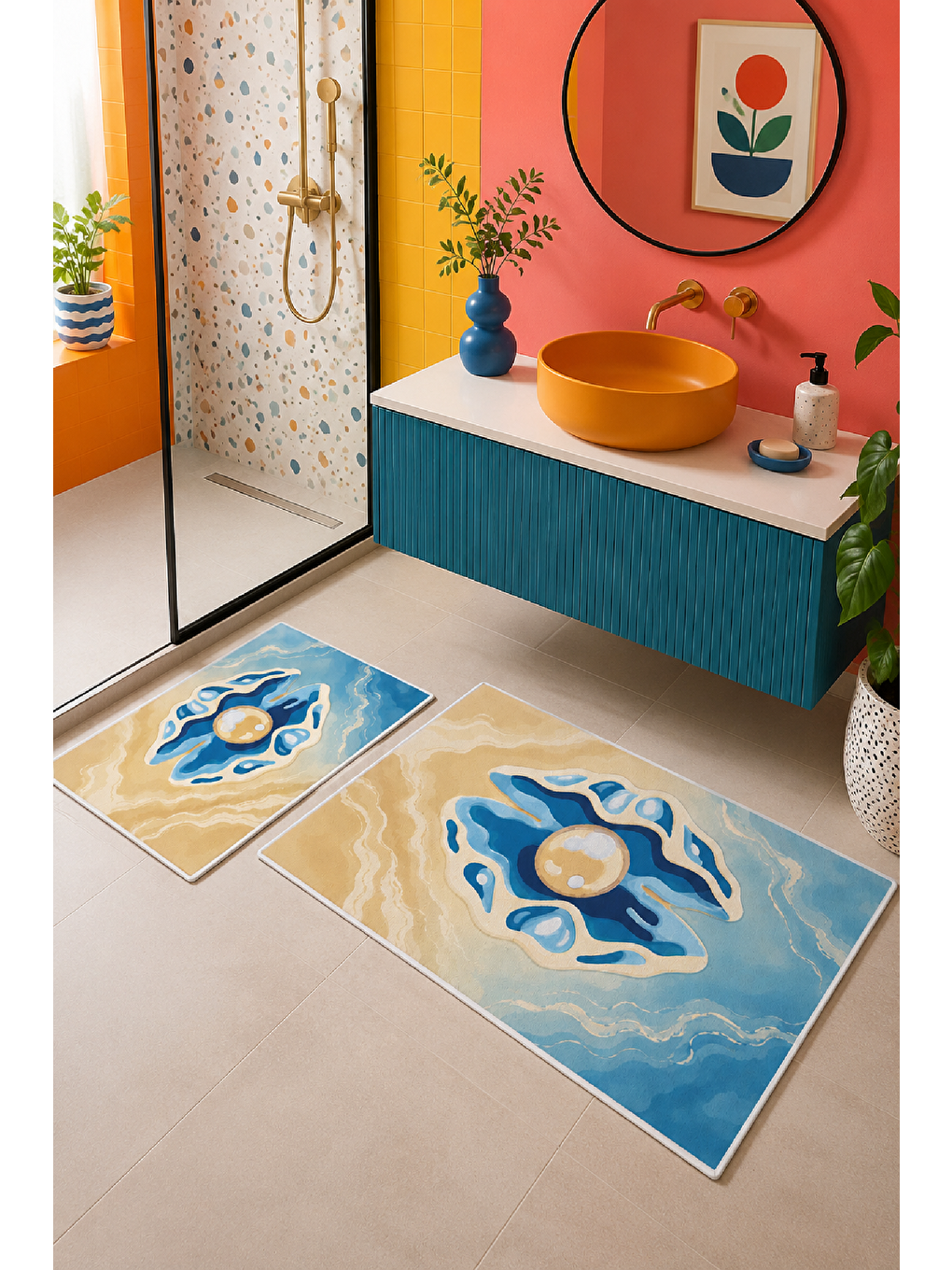 Bej Mavi Nazar Desenli Kaymaz Taban Banyo Paspası 2’li Set-3