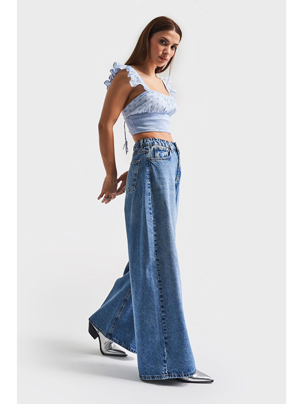 Kadın Mavi Renk 2S5 4 Palazzo Fit Beli Lastliki  100 Pamuk Denim Jean-5