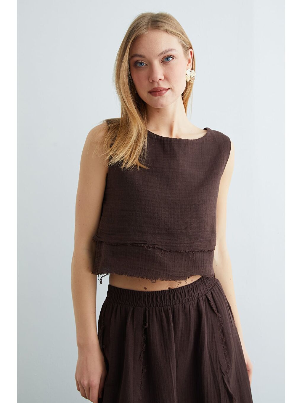 Kahverengi Beli Lastikli Püsküllü Etekli Müslin 2 Li Takım-1