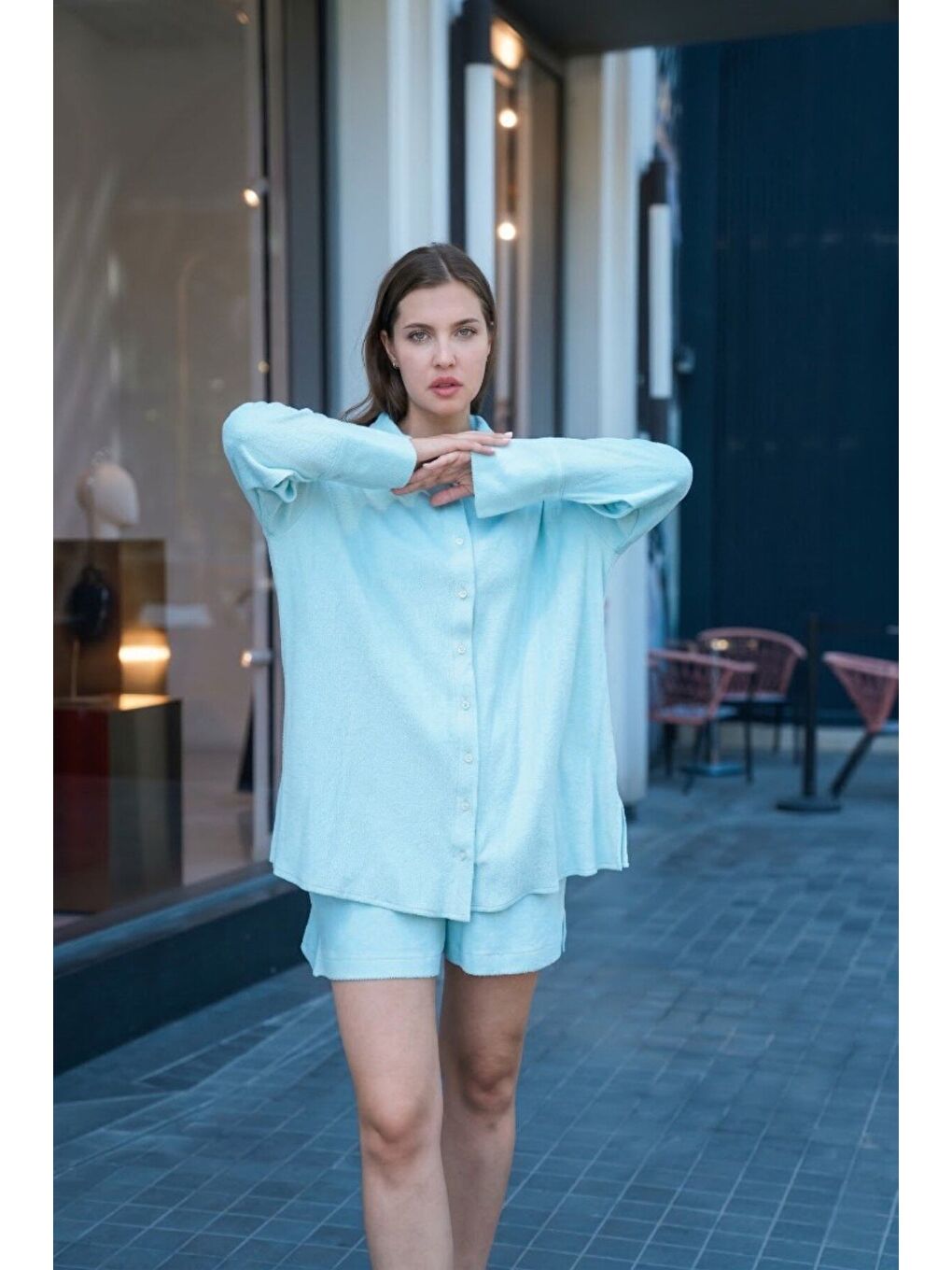 Mavi Hawaii Kadın %100 Pamuk Havlu Kumaş Oversize Gömlek