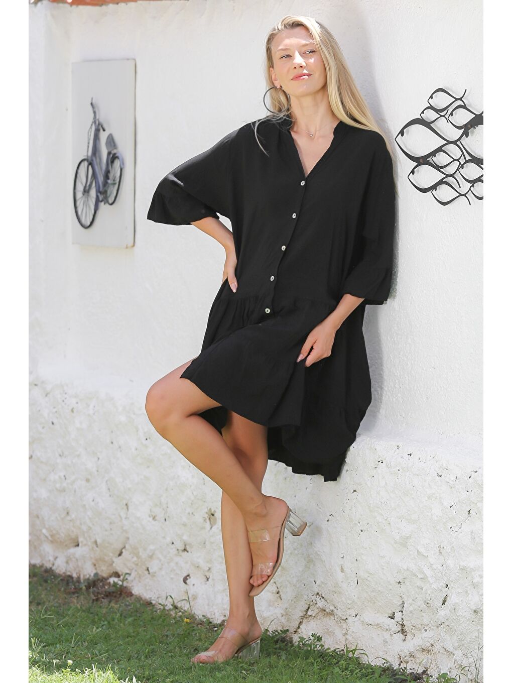 İtalyan Siyah Hakim Yaka Fırfırlı Kol Düğmeli Eteği Fırfırlı Dokuma Casual Elbise-6