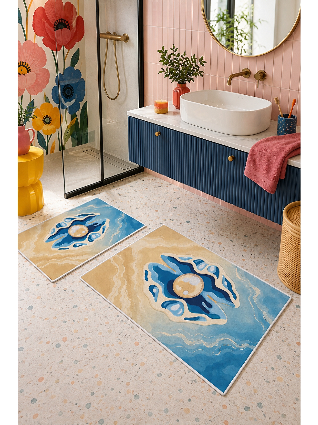 Bej Mavi Nazar Desenli Kaymaz Taban Banyo Paspası 2’li Set-4