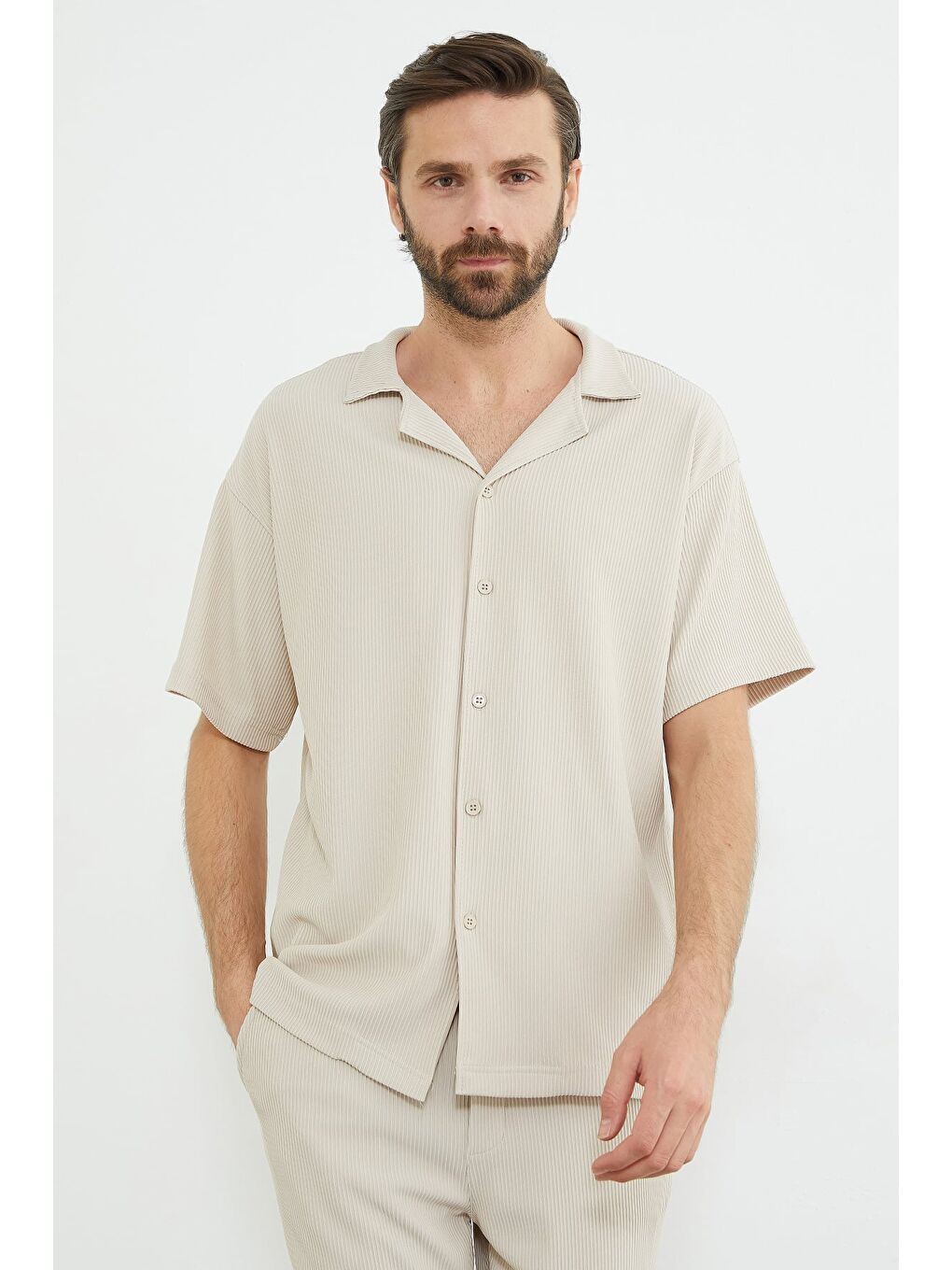 Bej Fitilli Kısa Kollu Gömlek-1