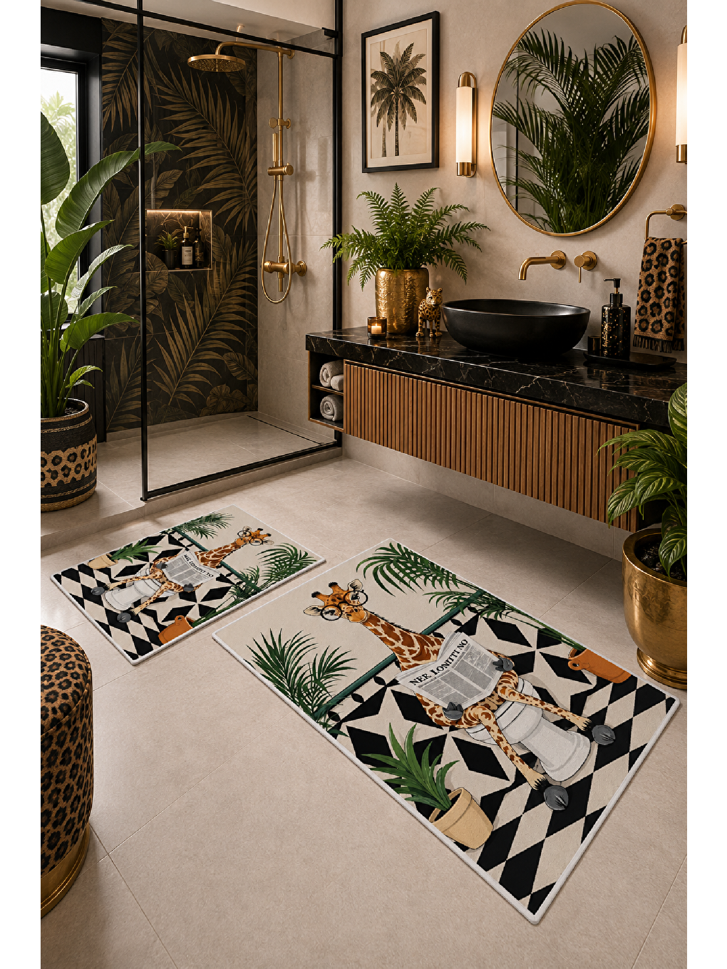 Bej Yeşil Gazete Okuyan Zürafa Desenli Banyo Paspası 2’li Set-3