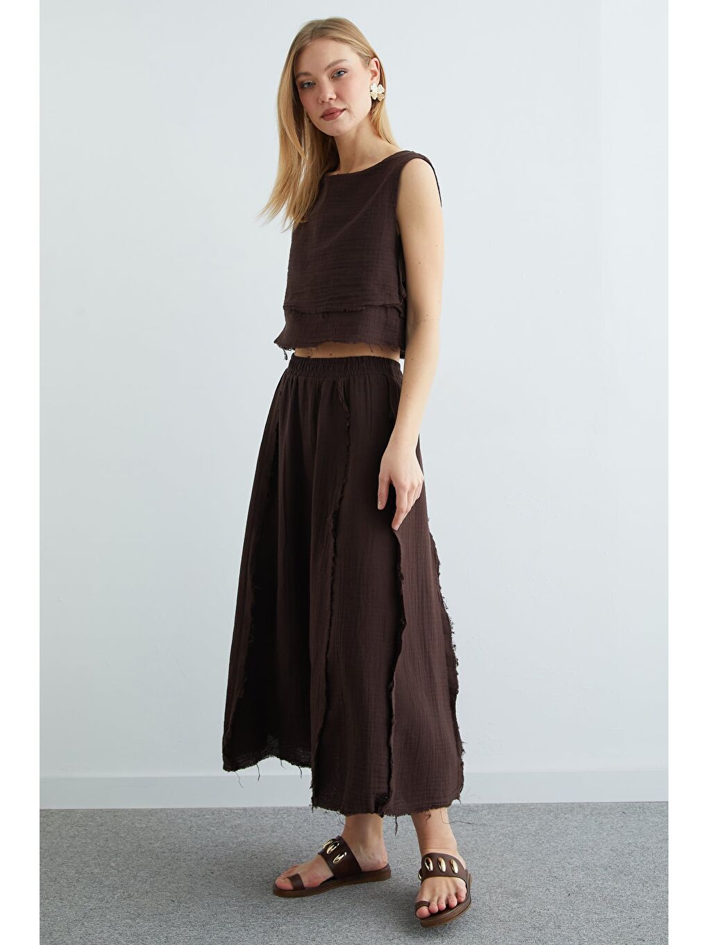 Kahverengi Beli Lastikli Püsküllü Etekli Müslin 2 Li Takım-3