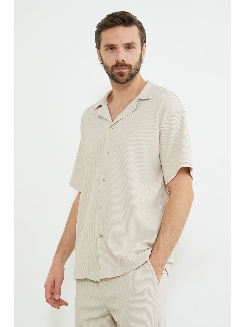 Bej Fitilli Kısa Kollu Gömlek-2