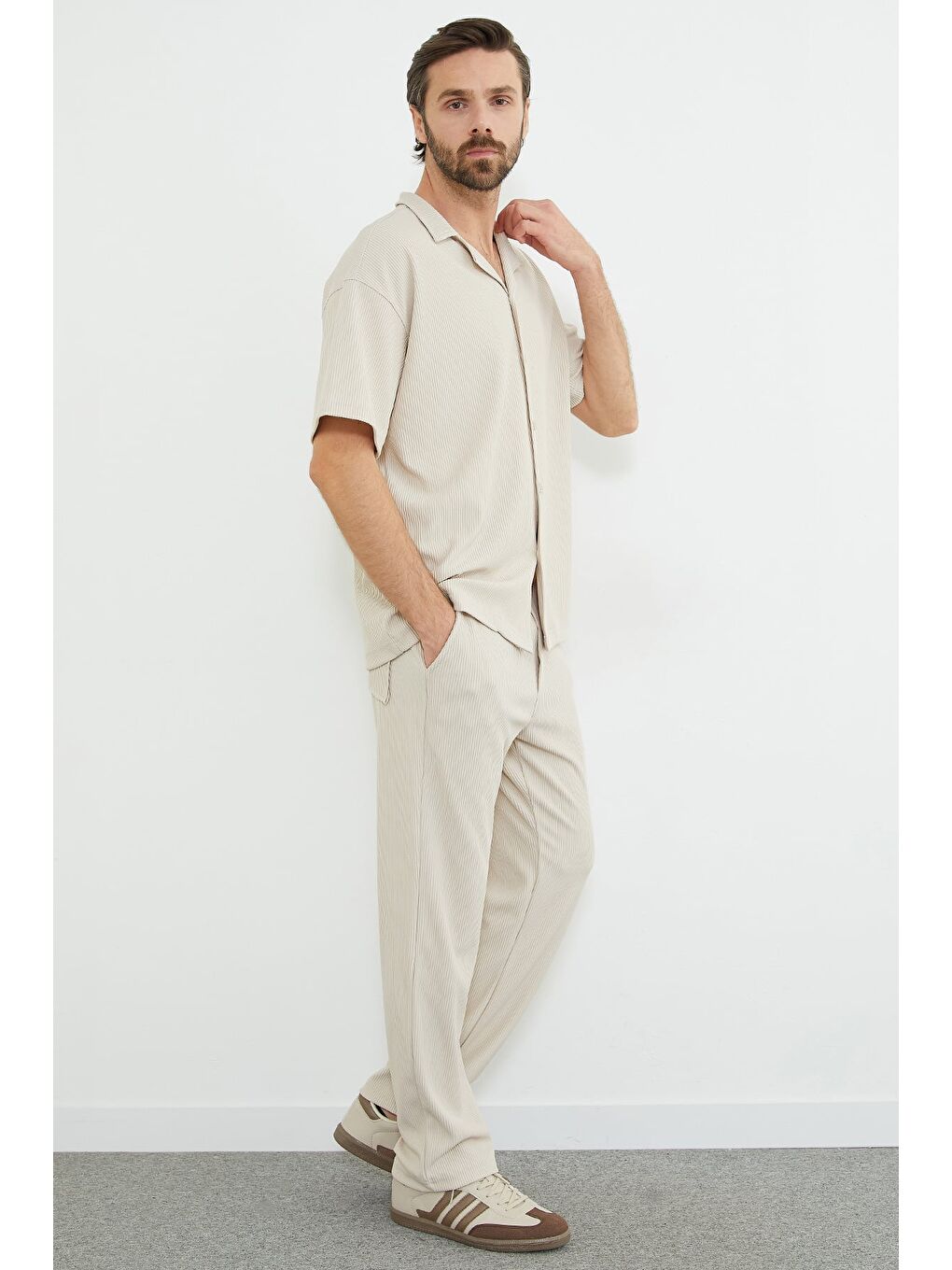 Bej Fitilli Kısa Kollu Gömlek-3