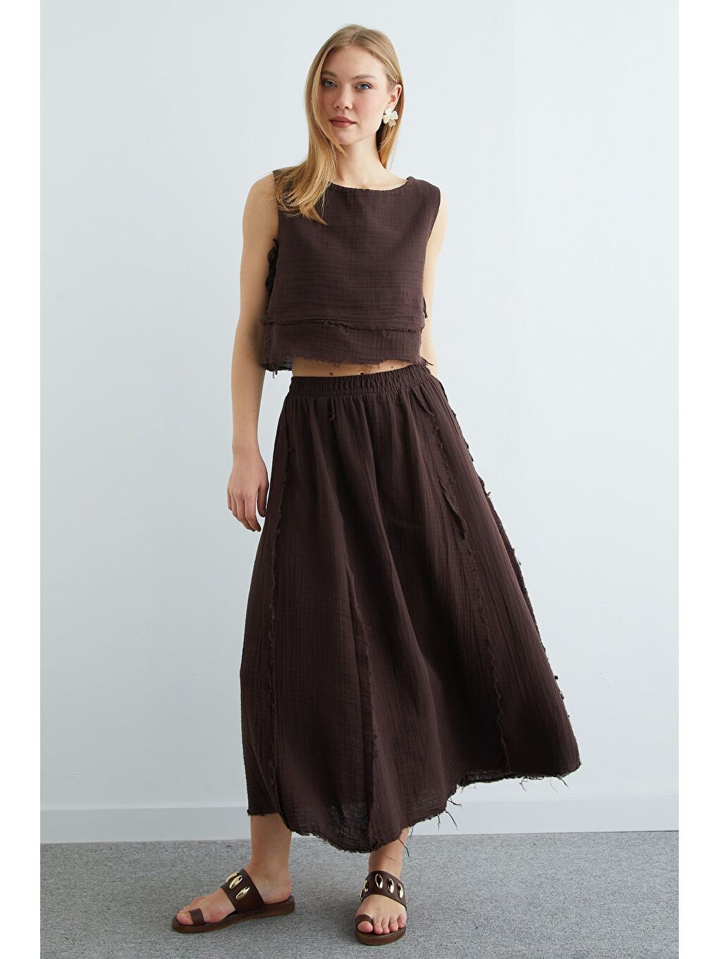 Kahverengi Beli Lastikli Püsküllü Etekli Müslin 2 Li Takım-4