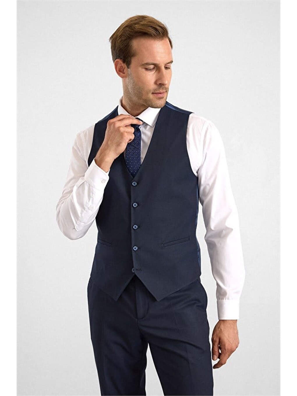 Lacivert Slim Sivri Yaka 6 Drop Yelekli Takım Elbise-8