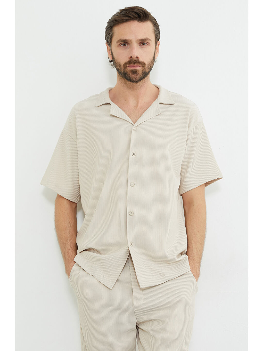 Bej Fitilli Kısa Kollu Gömlek-4