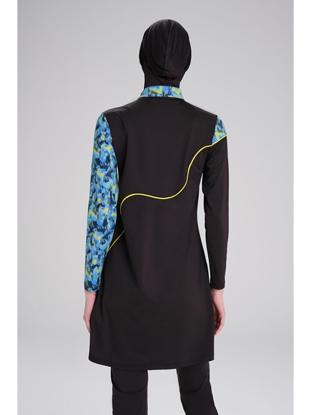 Kolu Desenli Siyah Elastanlı Mavi 5 Parça Tam Tesettür Mayo Takımı 3092-1