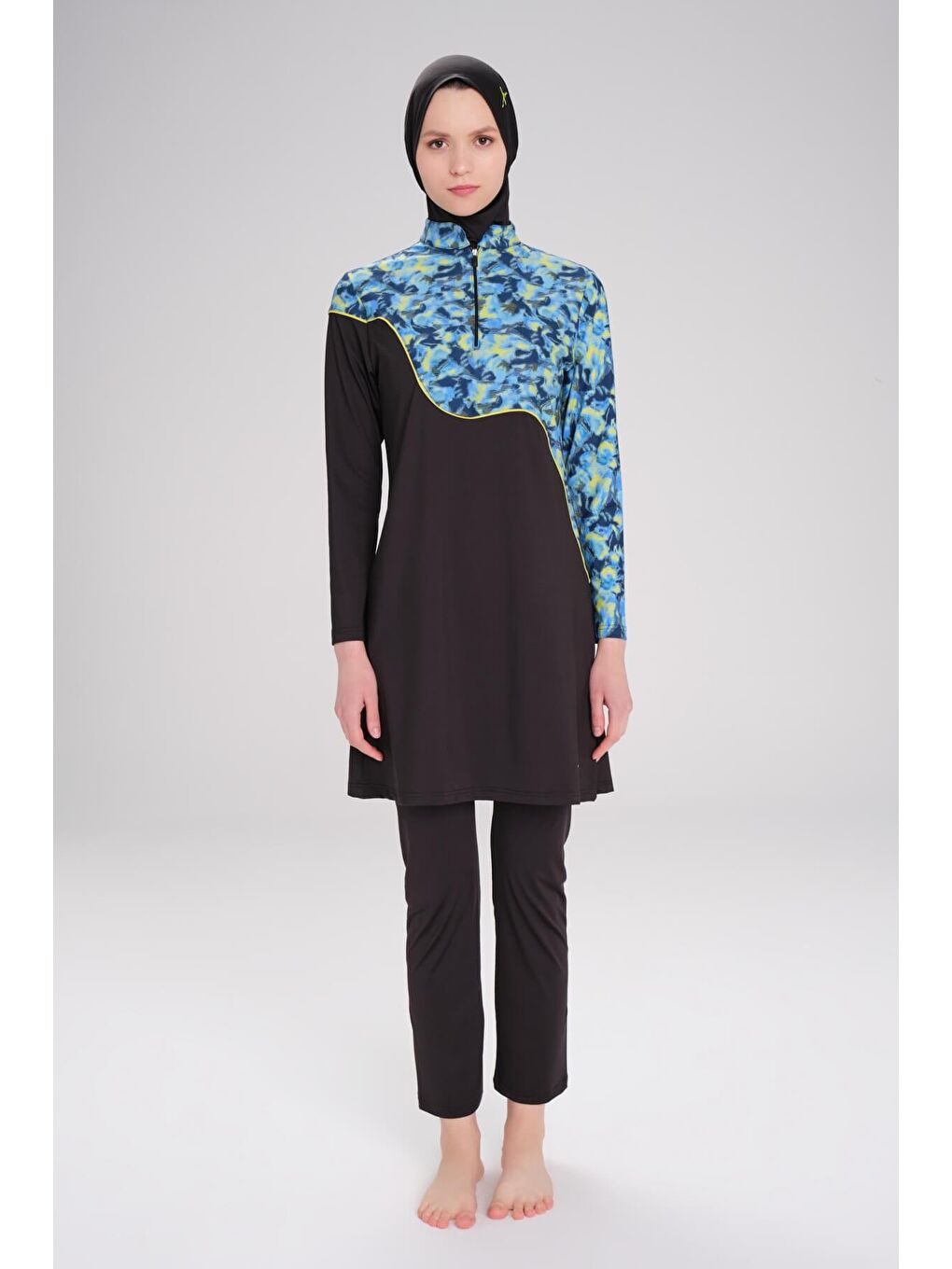 Kolu Desenli Siyah Elastanlı Mavi 5 Parça Tam Tesettür Mayo Takımı 3092-2