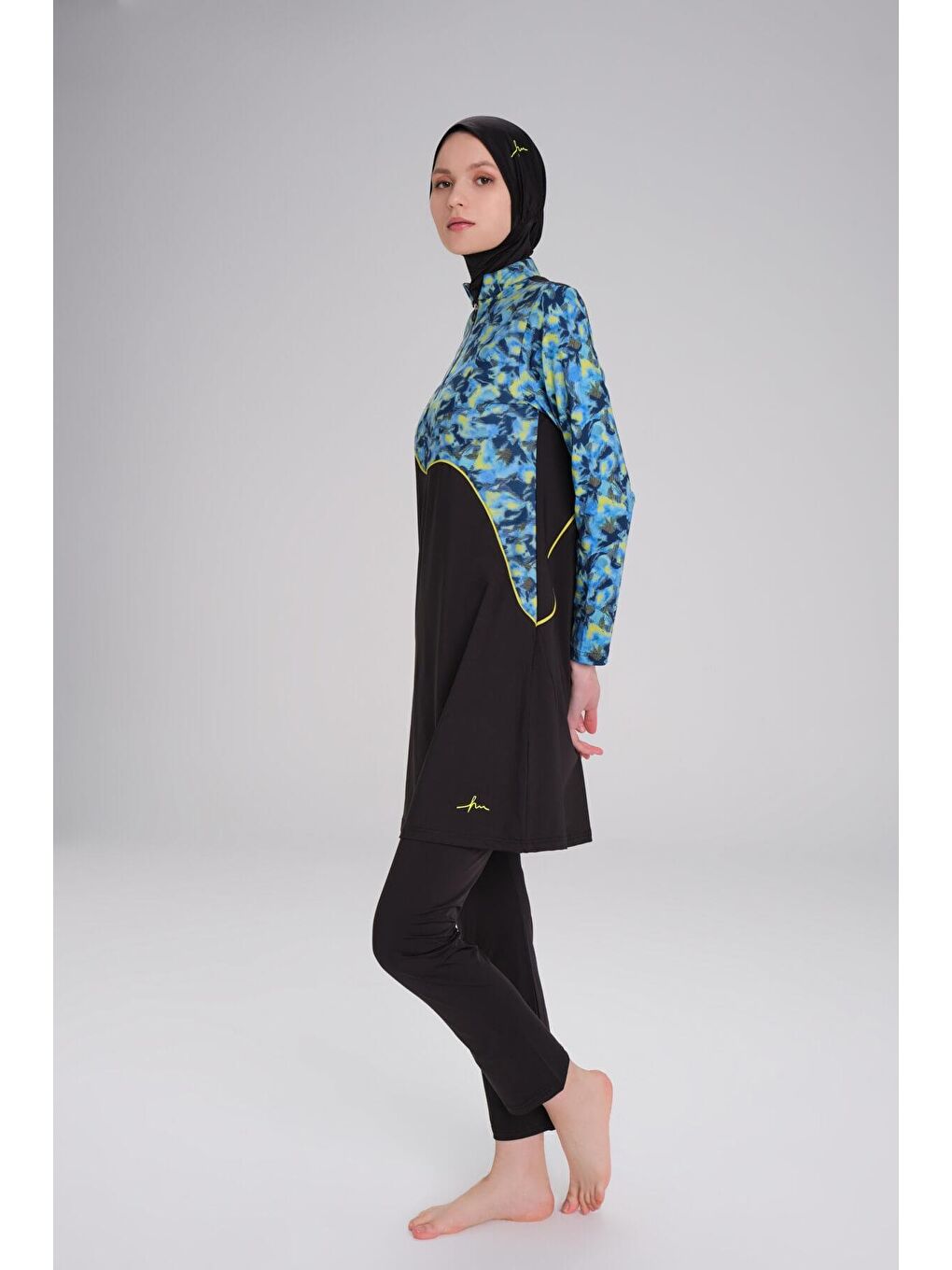 Kolu Desenli Siyah Elastanlı Mavi 5 Parça Tam Tesettür Mayo Takımı 3092-3