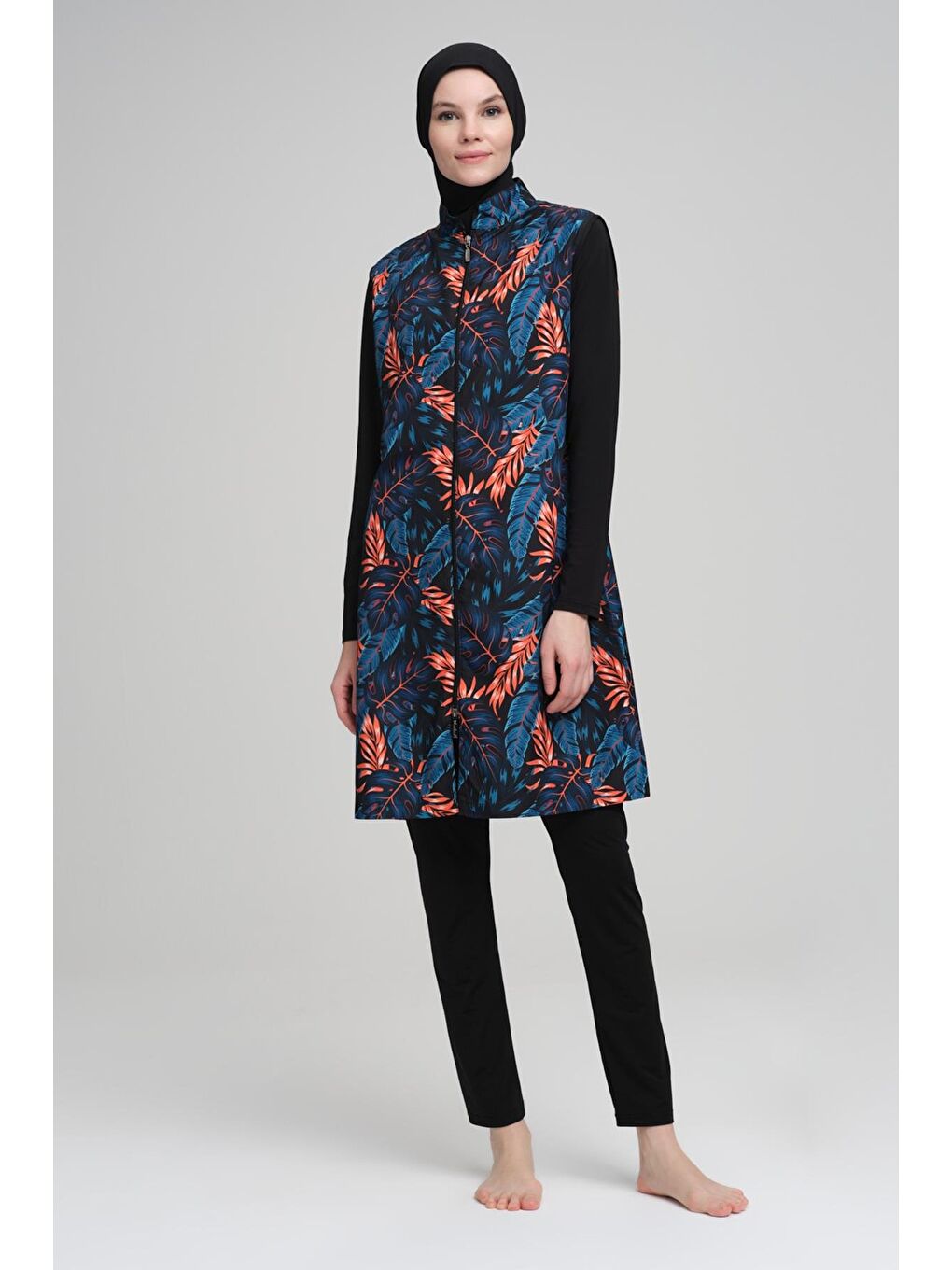 Turuncu Mavi Yaprak Desenli Siyah Jileli 3 Parça Tam Tesettür Mayo Takımı 2208