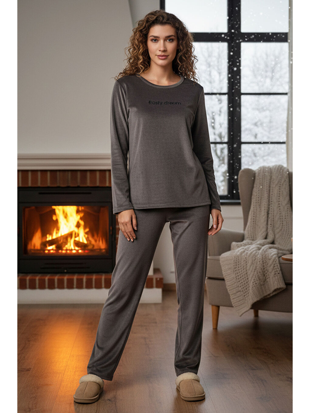 Kadın Kadife Kumaş Pijama Takımı 13166-2889 Gri-1