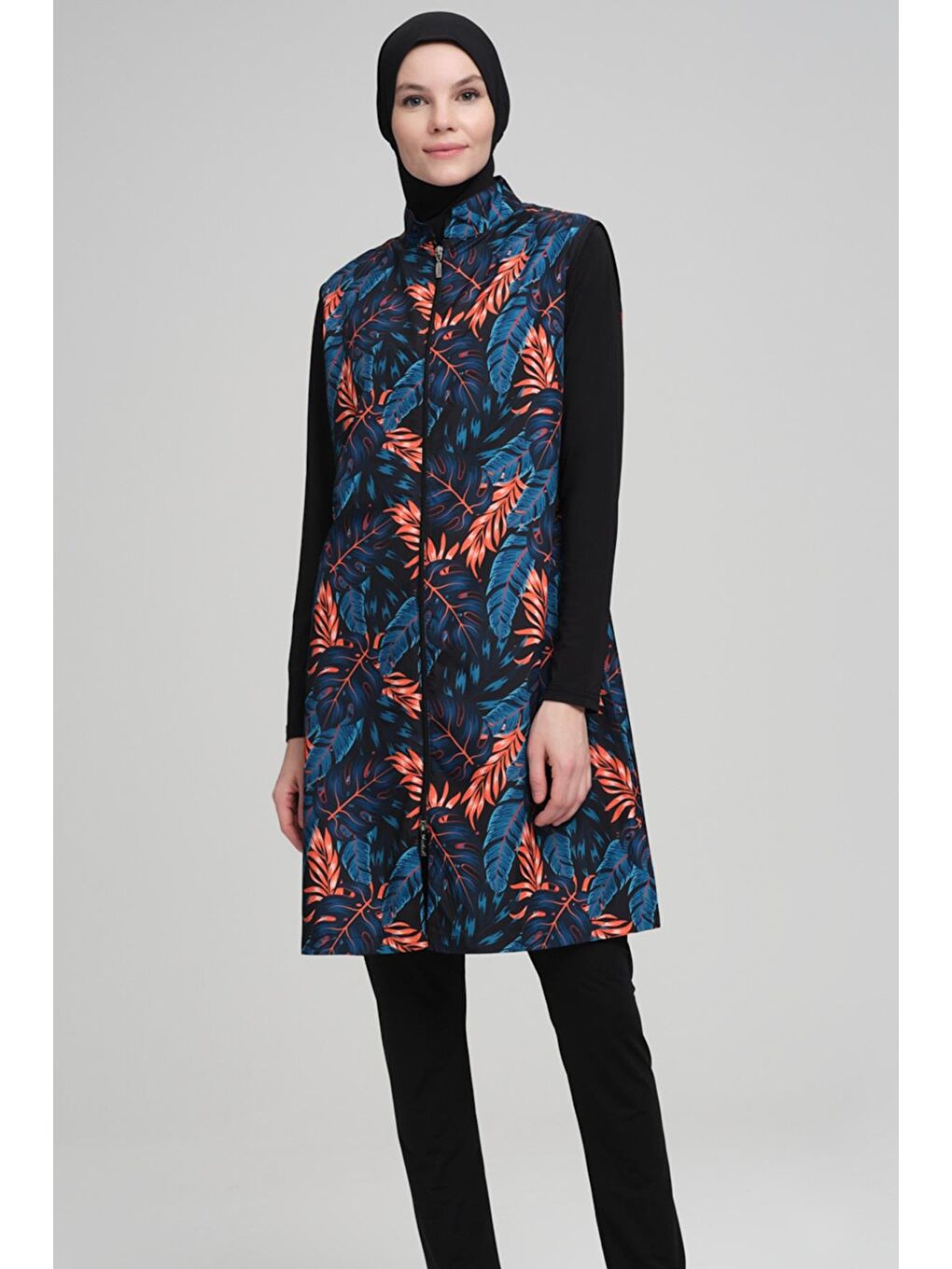Turuncu Mavi Yaprak Desenli Siyah Jileli 3 Parça Tam Tesettür Mayo Takımı 2208-1