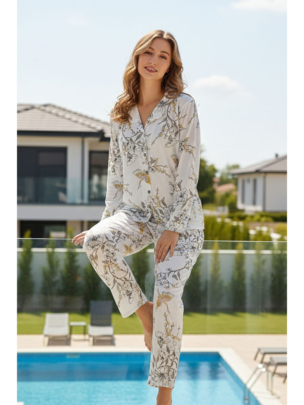 Kadın Önü Düğmeli Suprem Pijama Takımı 0624 Beyaz05-3