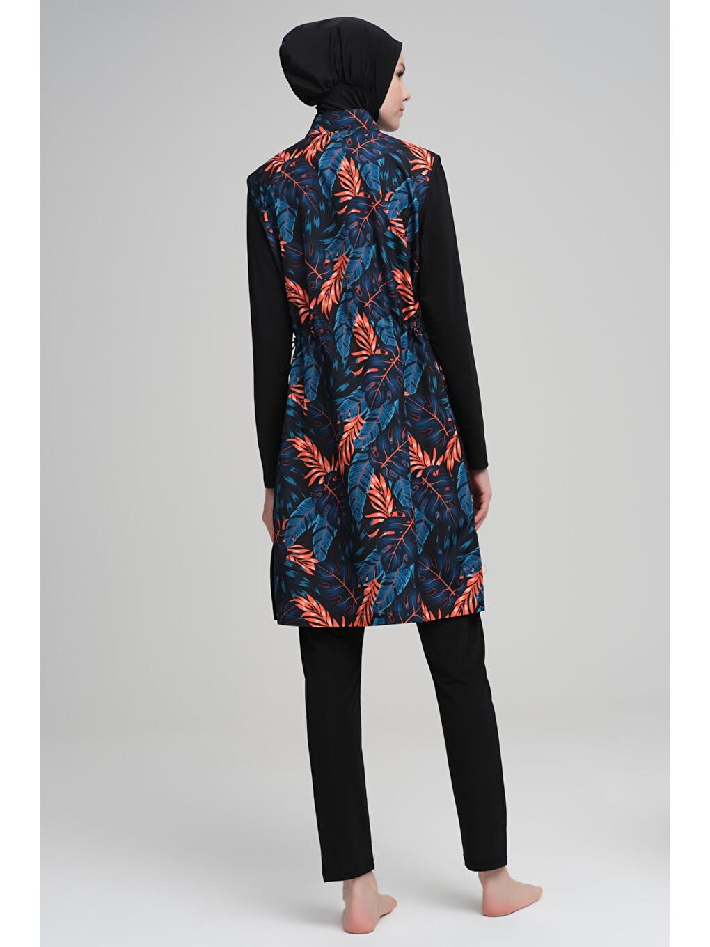 Turuncu Mavi Yaprak Desenli Siyah Jileli 3 Parça Tam Tesettür Mayo Takımı 2208-3