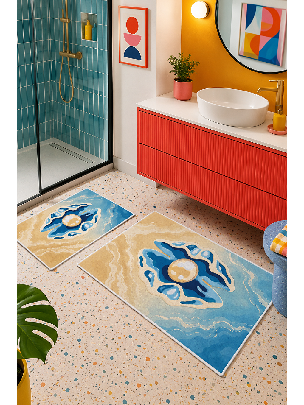 Bej Mavi Nazar Desenli Kaymaz Taban Banyo Paspası 2’li Set-5