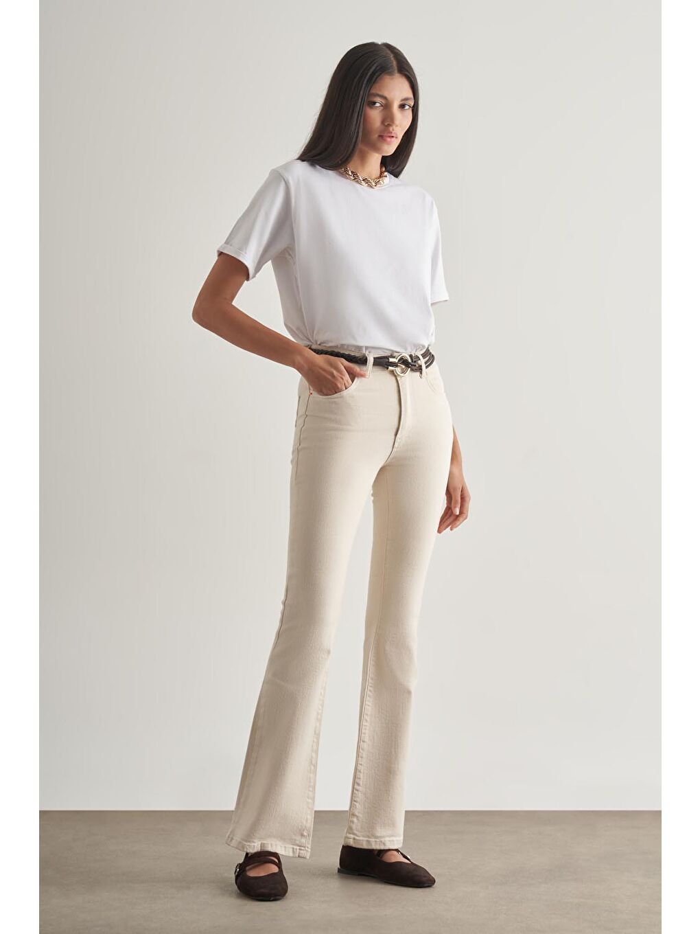 Skinny Fit Flare Paça Ekru Denim Pantolon