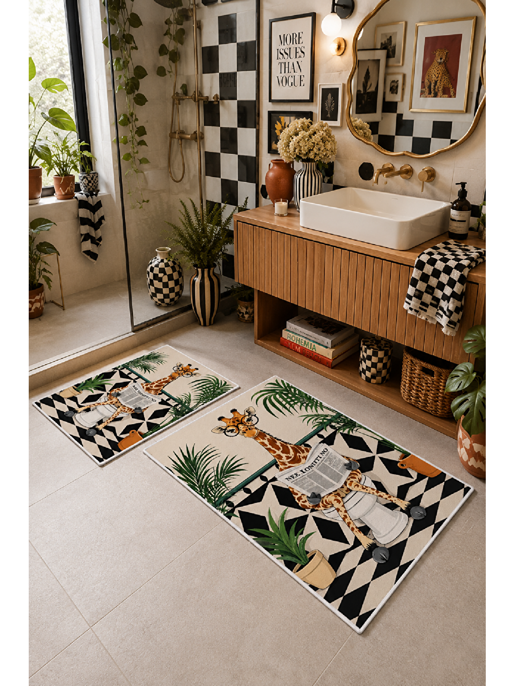 Bej Yeşil Gazete Okuyan Zürafa Desenli Banyo Paspası 2’li Set-4