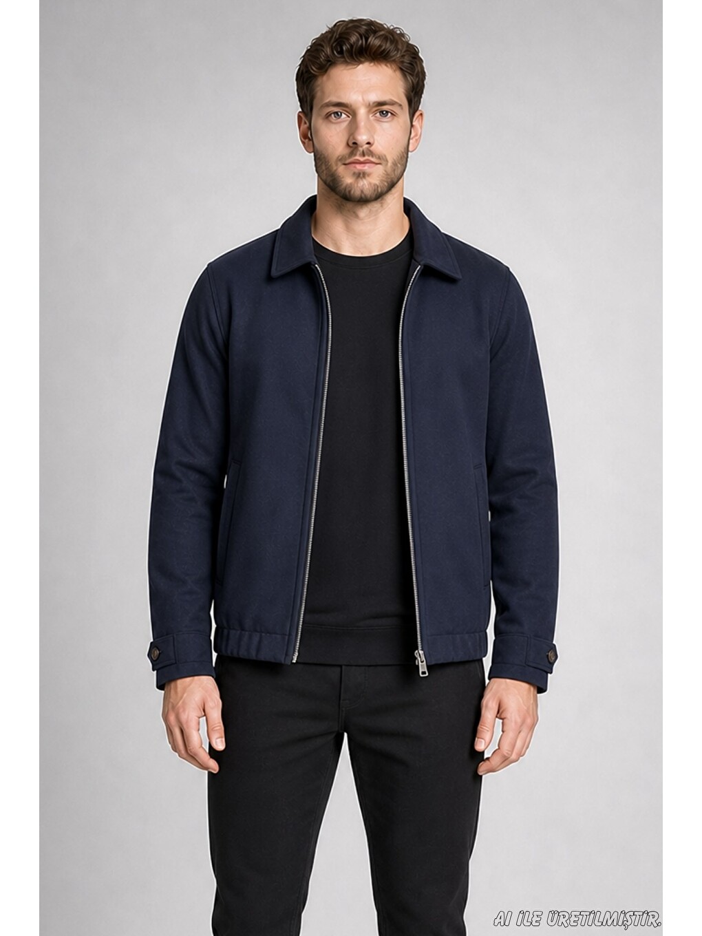 Lacivert Erkek Oversize Fermuarlı İçi Kapitoneli Kaşe Ceket-1