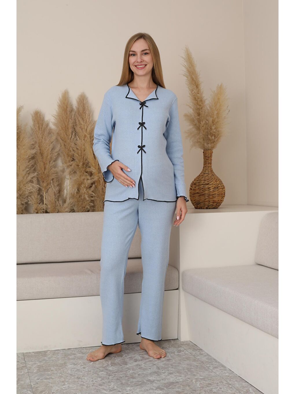 Bebek Mavisi Hamile ve Lohusa Uzun Kollu Yumoş Kumaş Fiyonklu Bel Ayarlı Pijama Takımı