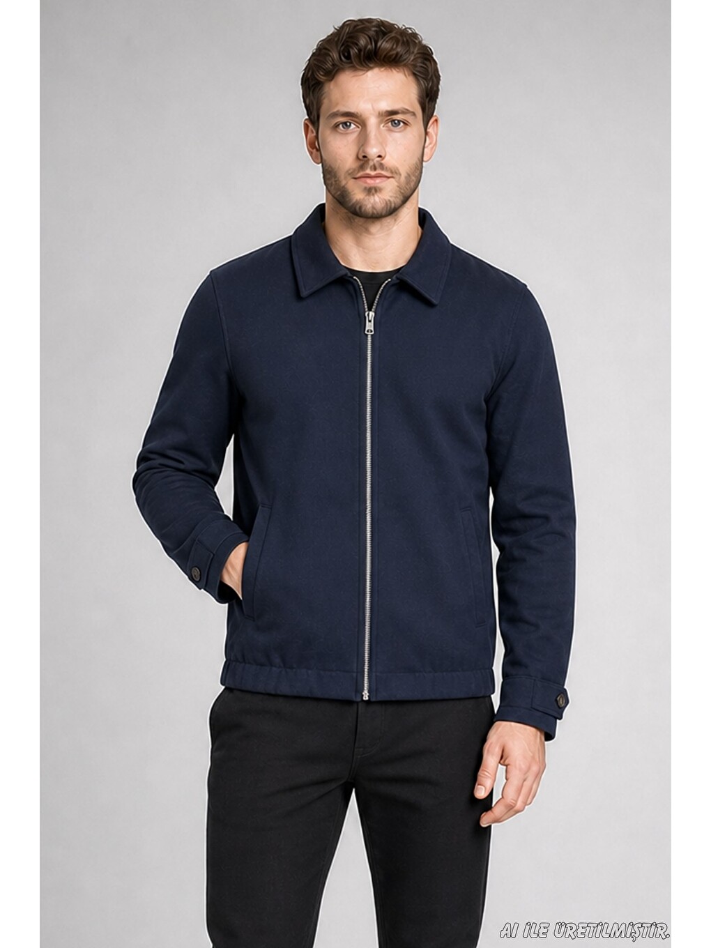 Lacivert Erkek Oversize Fermuarlı İçi Kapitoneli Kaşe Ceket-3