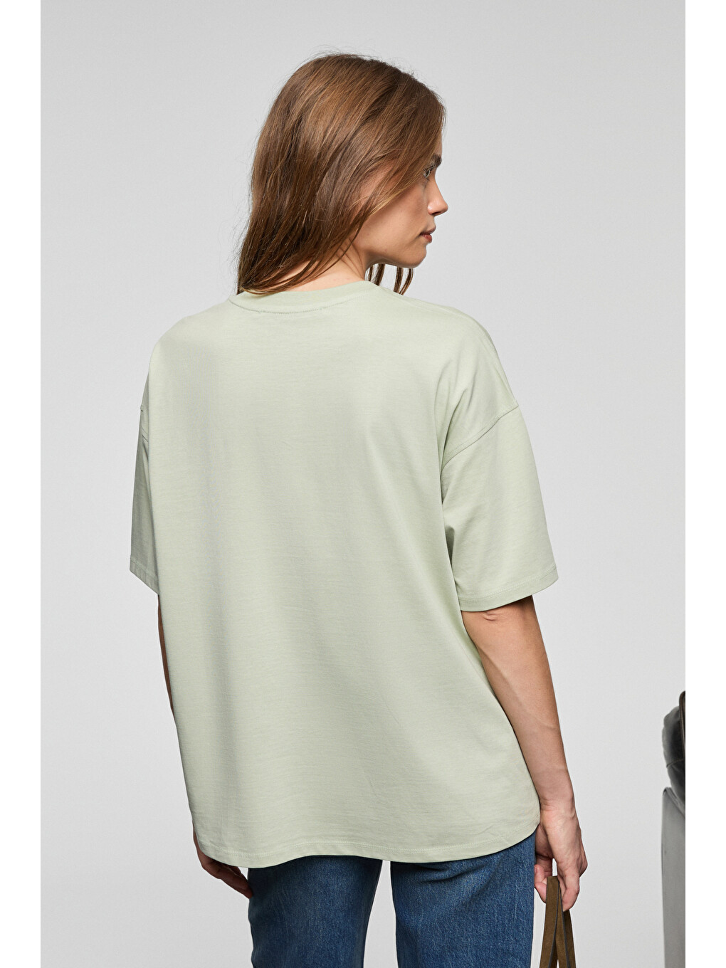 Yeşil LAGERTHA Kadın %100 organik Pamuklu Kalın Dokulu Oversize Fit Yuvarlak Yakalı MİNT YEŞİL T-Shirt-5