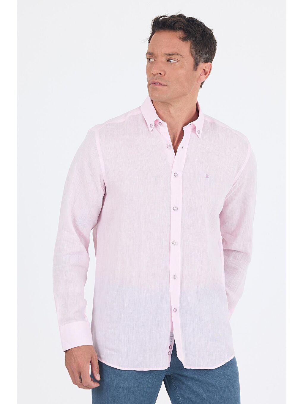 Pembe Uzun Kol Düz Keten Düğmeli Yaka Cepsiz Casual Comfort Fit Gömlek 1004250114