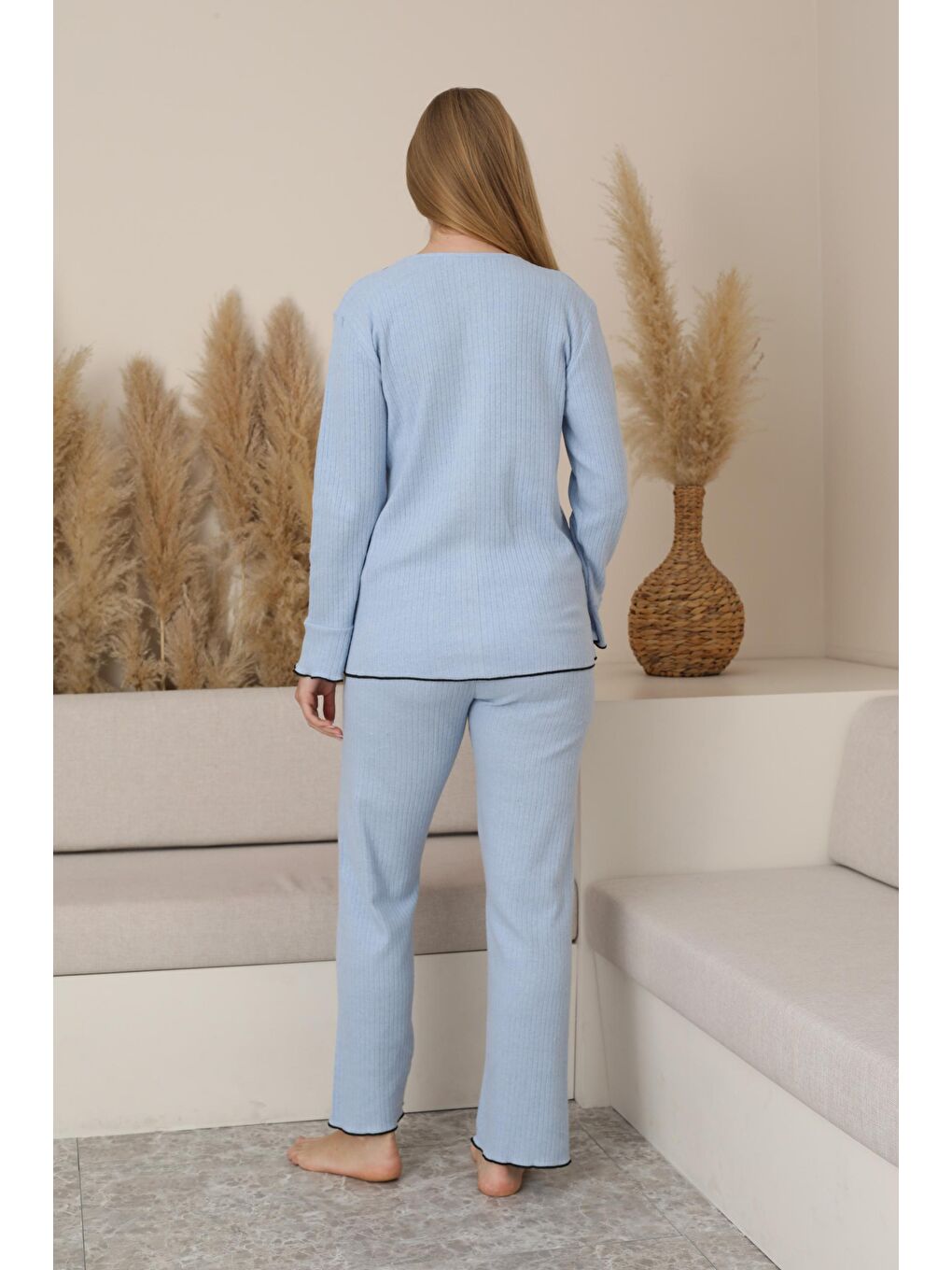 Bebek Mavisi Hamile ve Lohusa Uzun Kollu Yumoş Kumaş Fiyonklu Bel Ayarlı Pijama Takımı-1