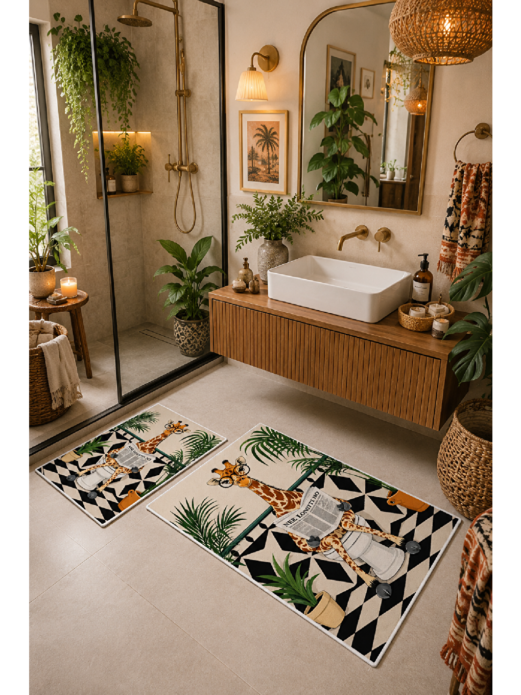 Bej Yeşil Gazete Okuyan Zürafa Desenli Banyo Paspası 2’li Set-5