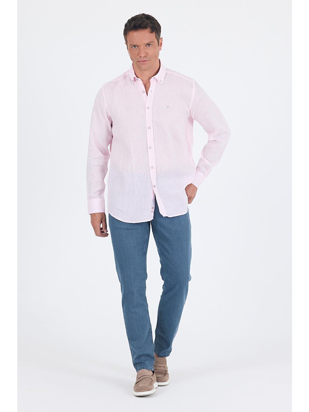 Pembe Uzun Kol Düz Keten Düğmeli Yaka Cepsiz Casual Comfort Fit Gömlek 1004250114-1