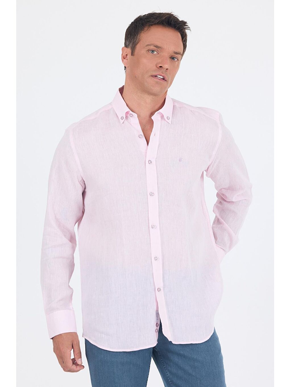 Pembe Uzun Kol Düz Keten Düğmeli Yaka Cepsiz Casual Comfort Fit Gömlek 1004250114-2