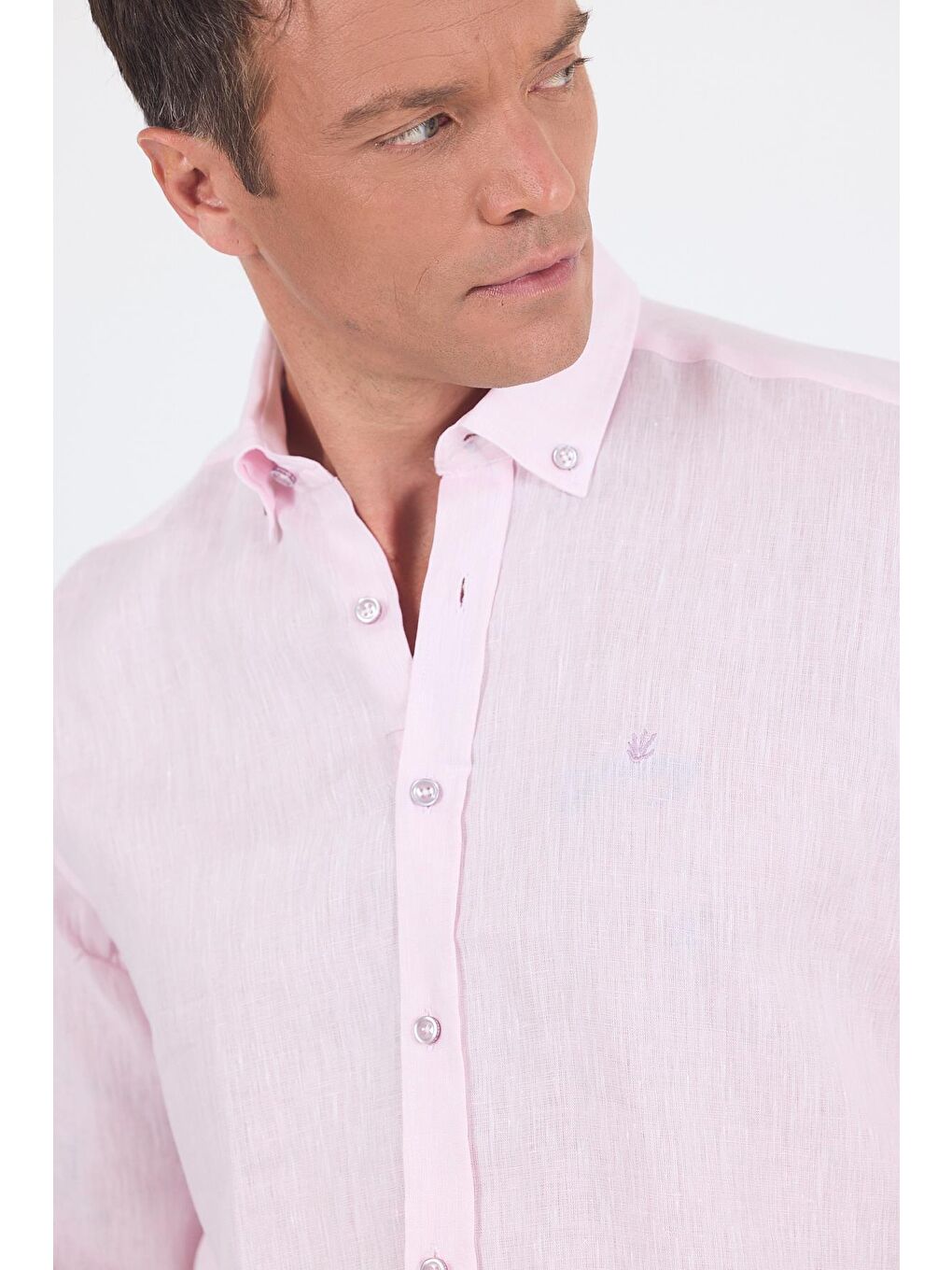 Pembe Uzun Kol Düz Keten Düğmeli Yaka Cepsiz Casual Comfort Fit Gömlek 1004250114-3