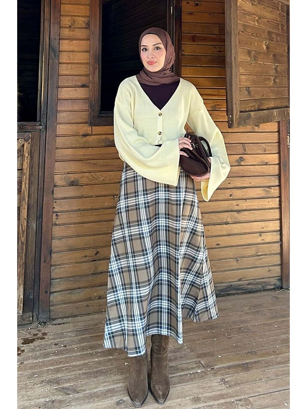 Bej Karamel Ekose Kloş Etek-1