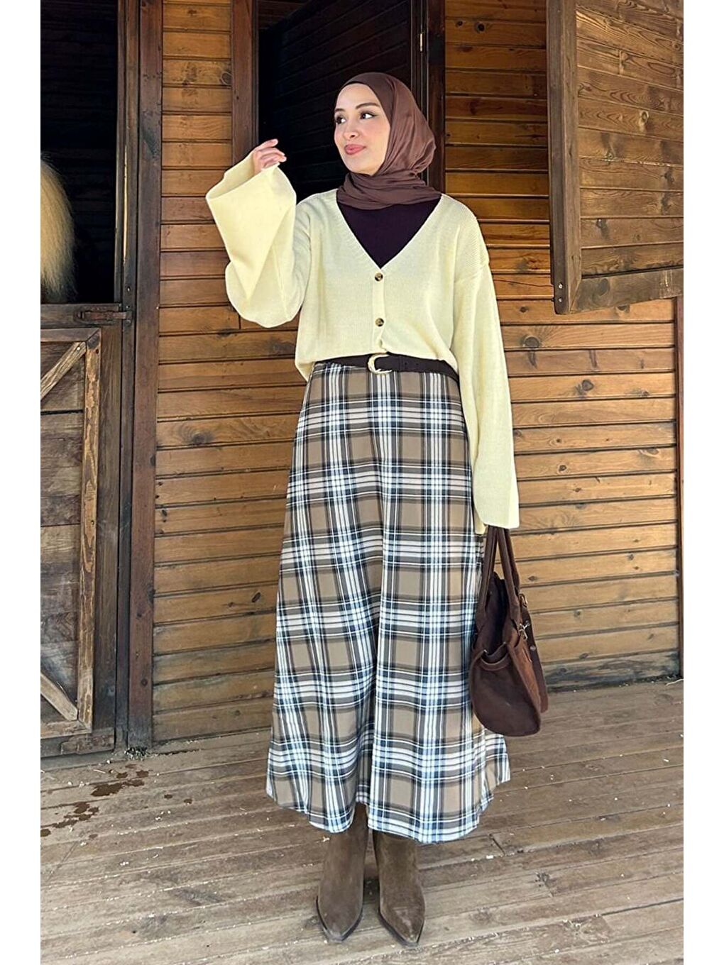 Bej Karamel Ekose Kloş Etek-2