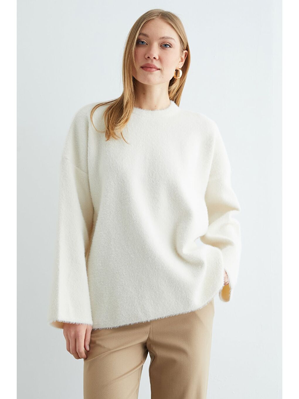 Ekru Sakallı Bisiklet Yaka Triko Kazak-1