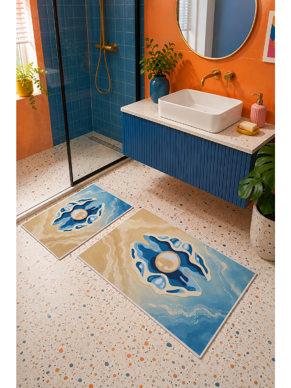 Bej Mavi Nazar Desenli Kaymaz Taban Banyo Paspası 2’li Set-6