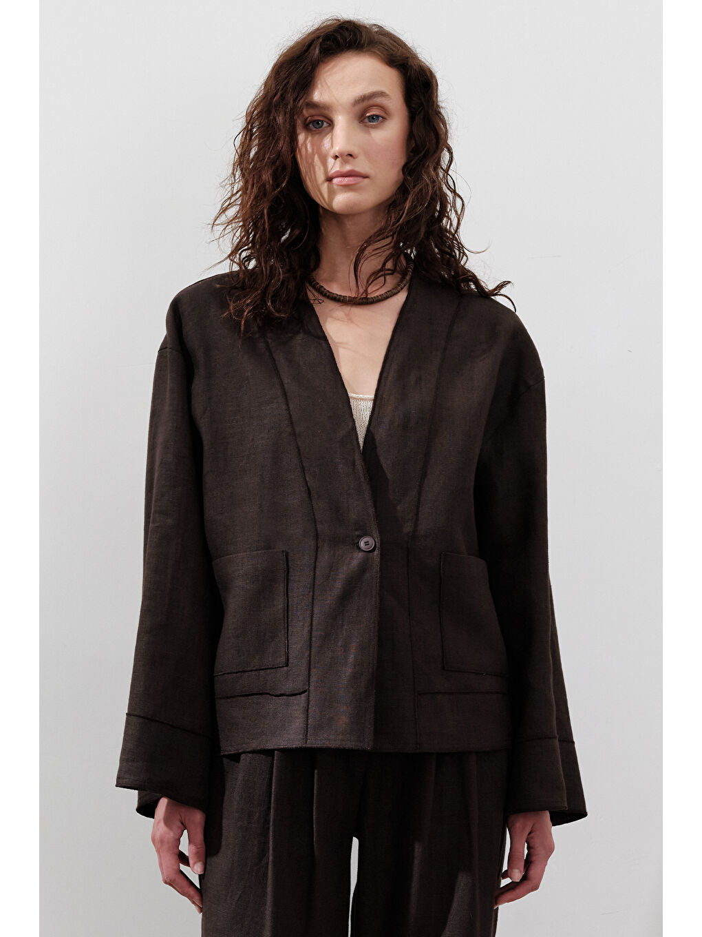 Kahverengi Keten Tek Düğmeli Bluz Acı Kahve