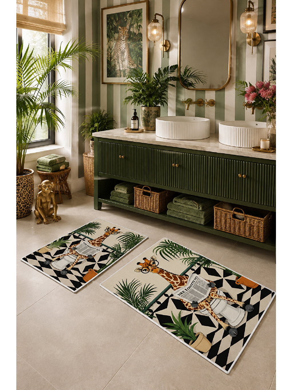 Bej Yeşil Gazete Okuyan Zürafa Desenli Banyo Paspası 2’li Set-6
