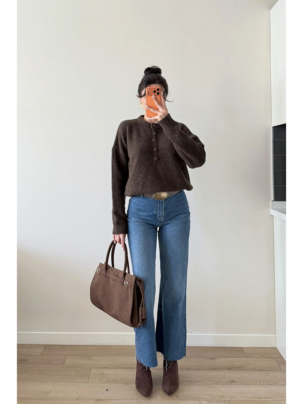 Kahverengi Kadın Kahve Düğmeli Açık Yaka Kazak 1014-2464-2