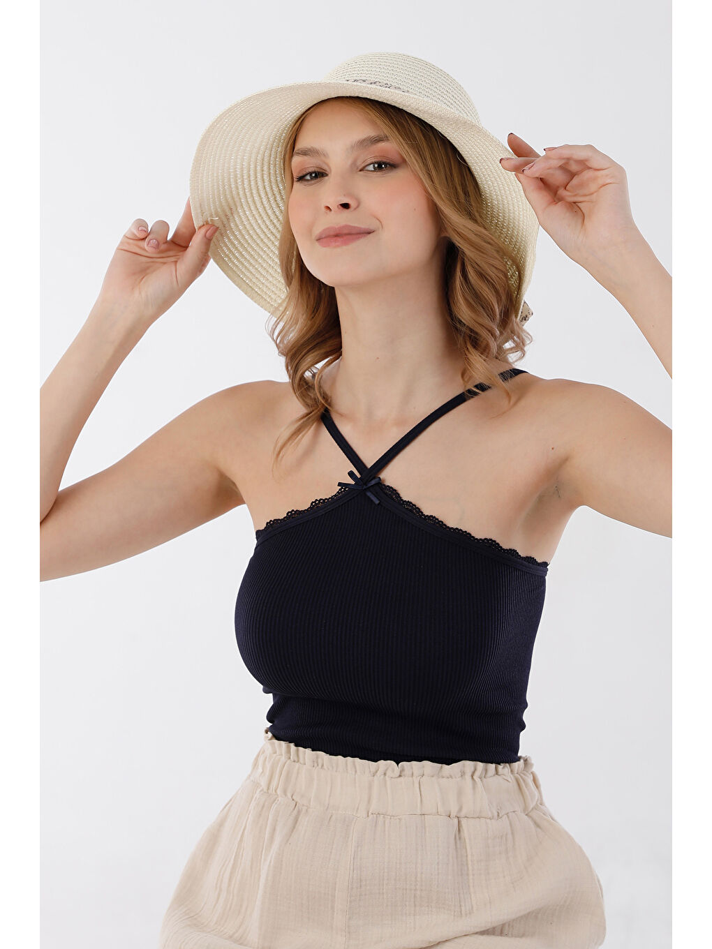 Ekru Kurdeleli Hasır Şapka-1