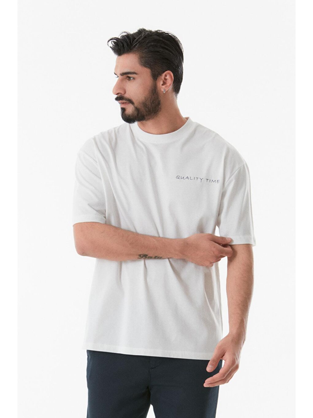 Ekru Bisiklet Yaka Yazı Baskılı Erkek Tişört