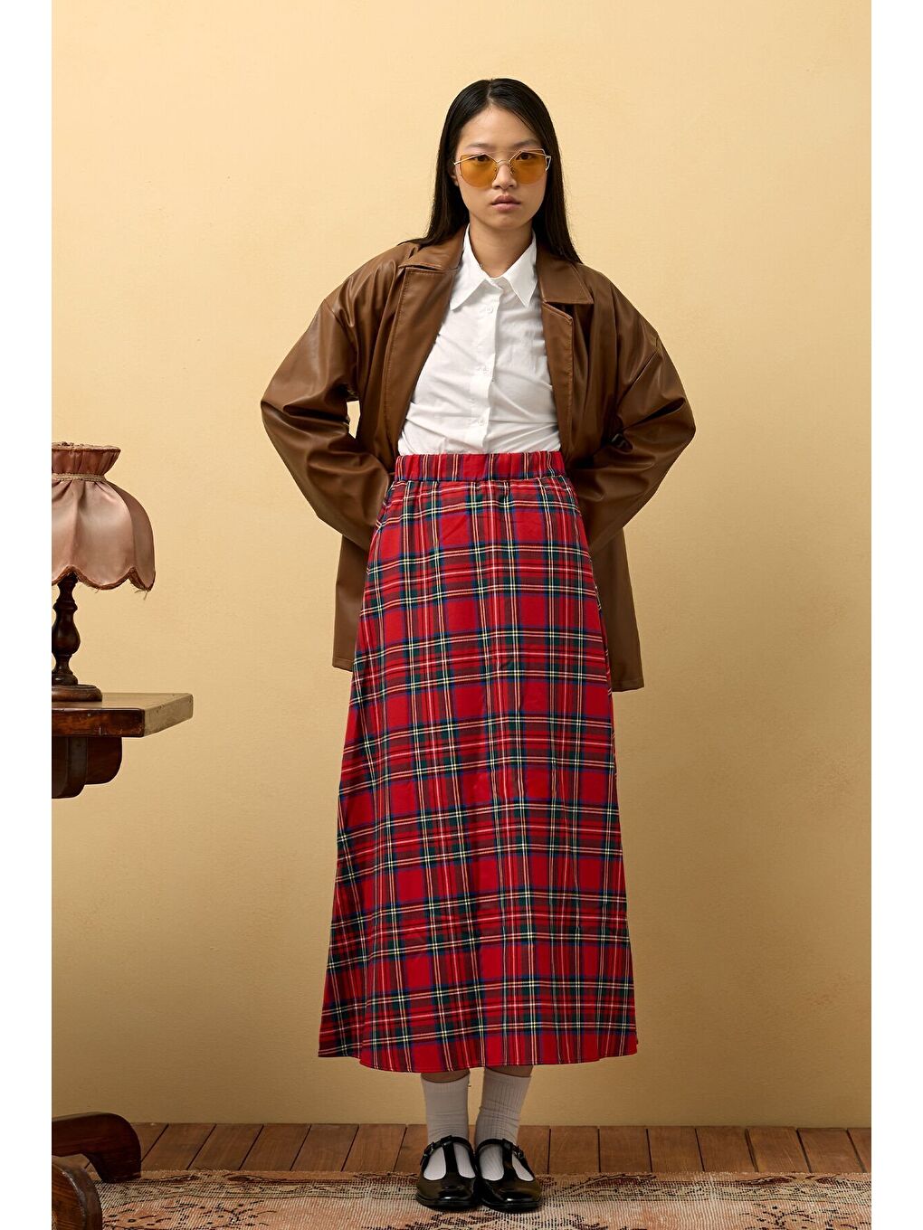 Kırmızı Ekose Kloş Etek