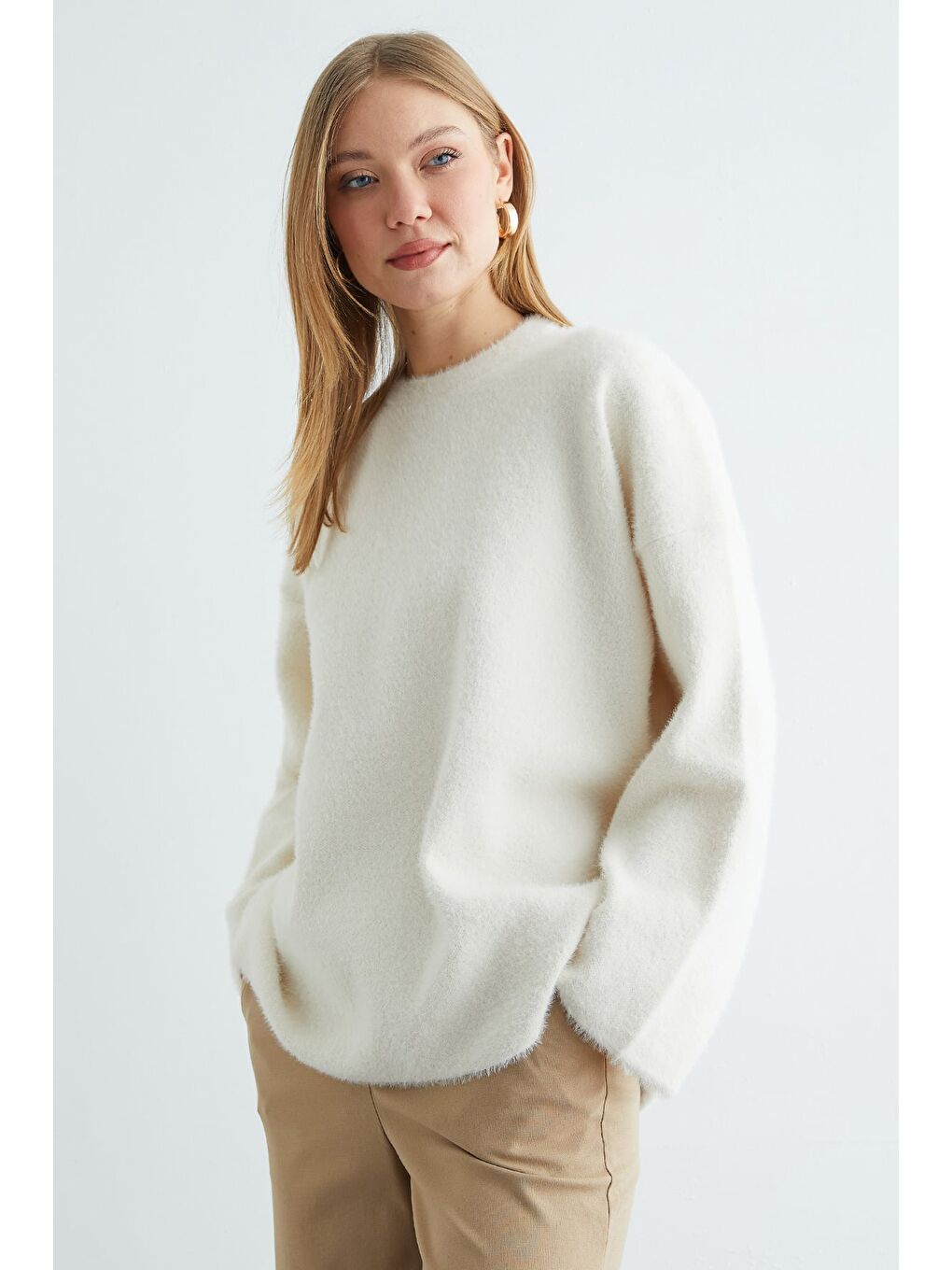 Ekru Sakallı Bisiklet Yaka Triko Kazak-3