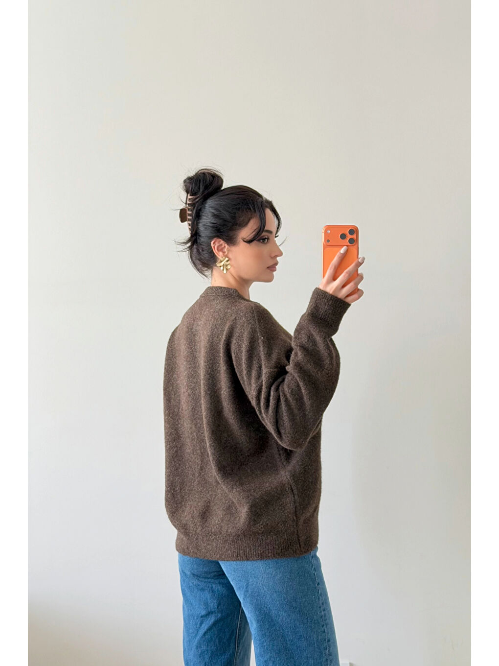 Kahverengi Kadın Kahve Düğmeli Açık Yaka Kazak 1014-2464-3